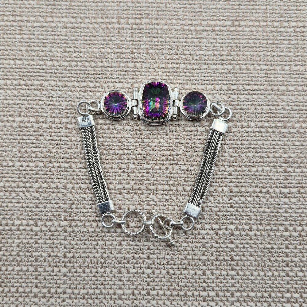 7.5-8 Inch Sterling Silver Triple Mystic Quartz Gemstone Chain Bracelet B872